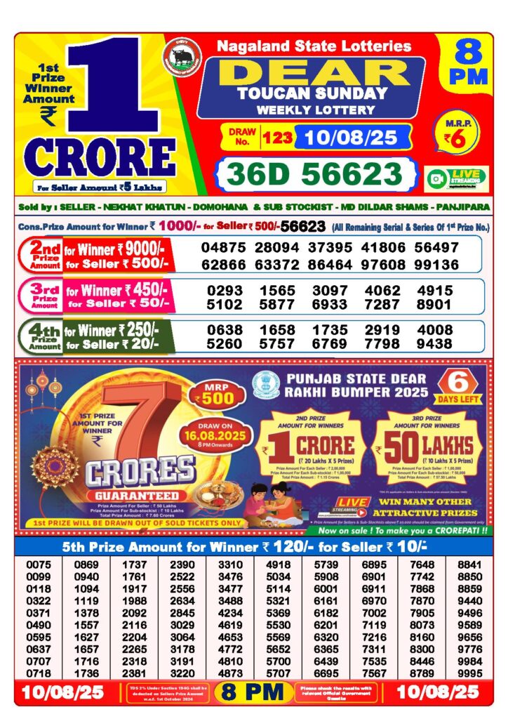 Dear Lottery 8 PM Result Today 10-08-2025