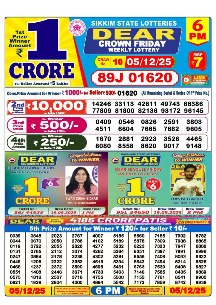 Dear Lottery 6 PM Result Today 05-12-2025