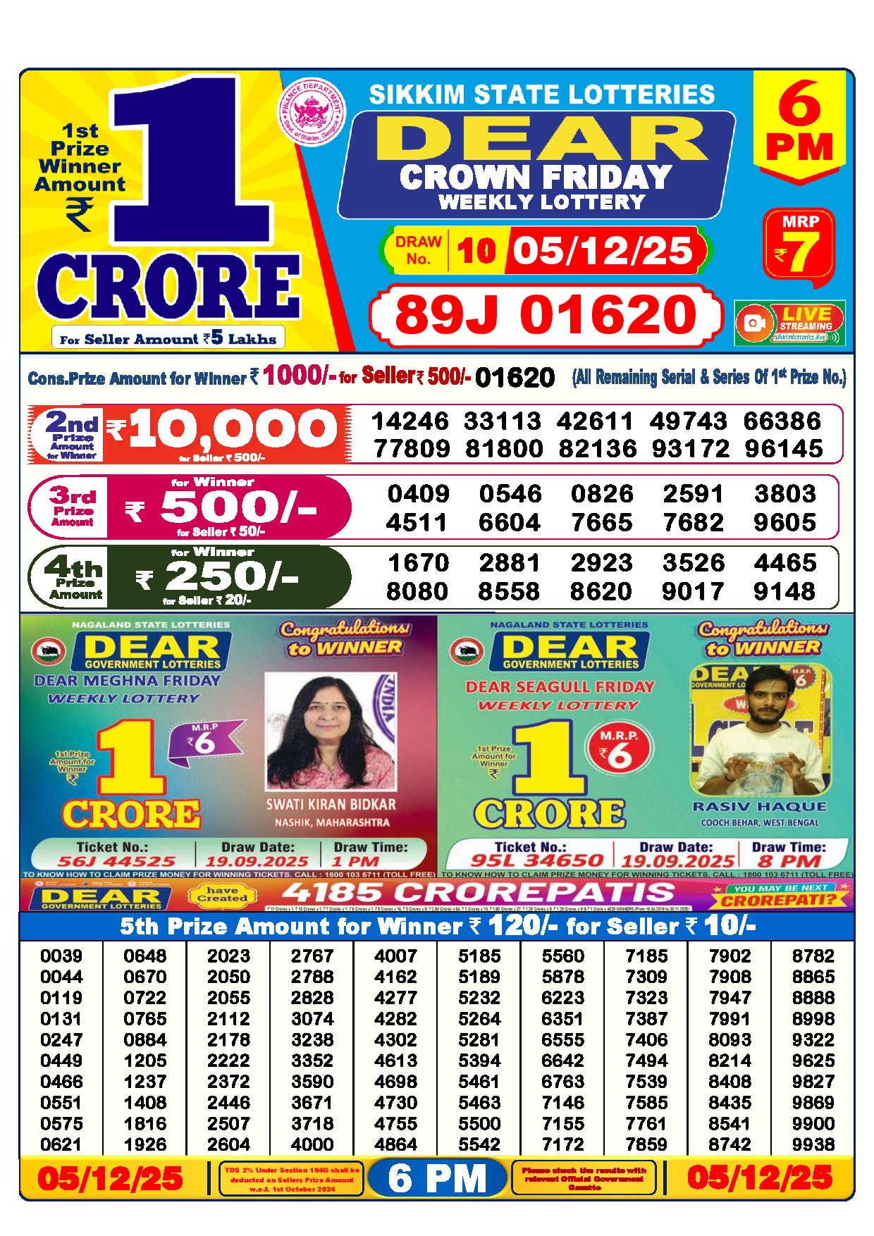 Dear Lottery 6 PM Result Today 05-12-2025