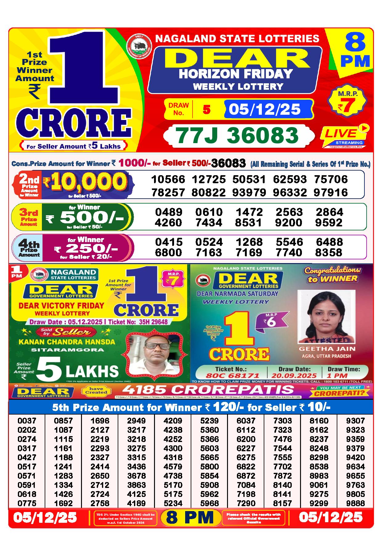 Dear Lottery 8 PM Result Today 05-12-2025