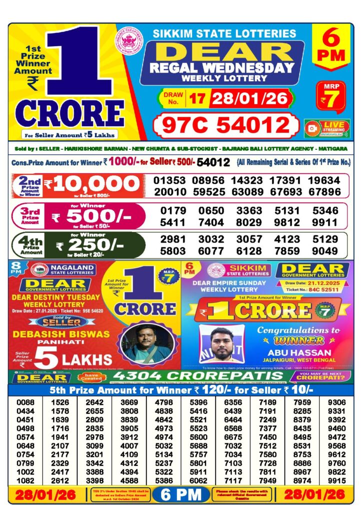 Dear Lottery Result Today 6 PM 28-01-2026