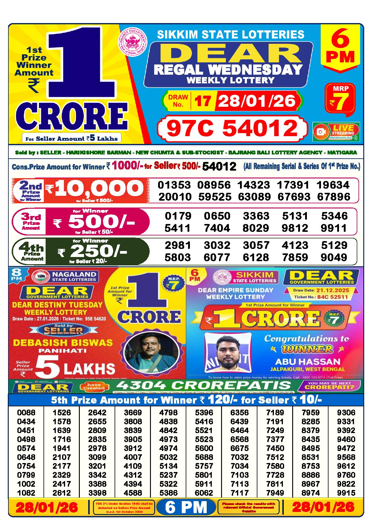 Dear Lottery Result Today 6 PM 28-01-2026

